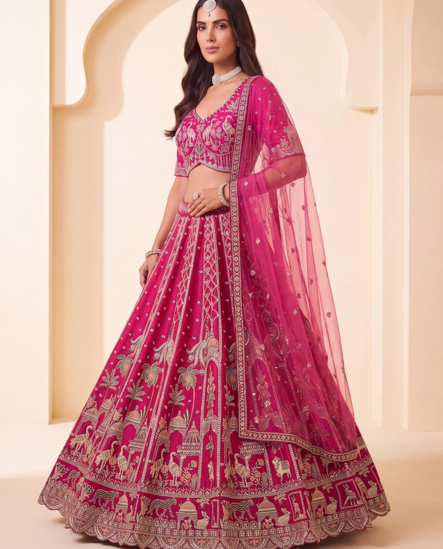 3073B - Rani Silk Beads, Embroidered, Sequins, Thread and Zari Work Lehenga Choli